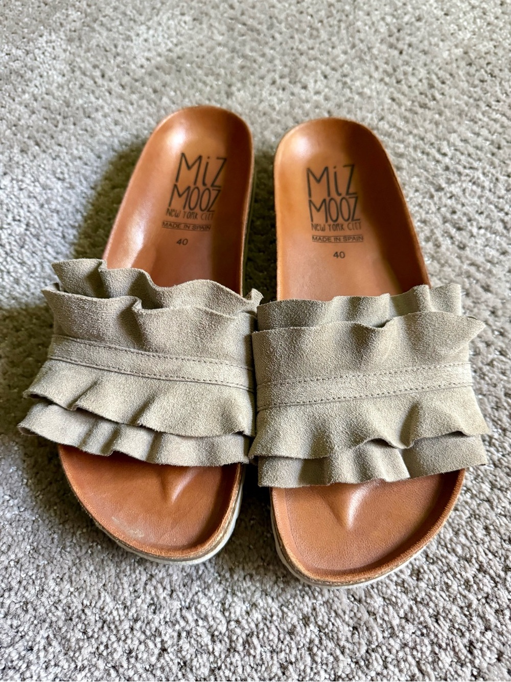 Miz Mooz Taupe Ruffle Slide Sandals